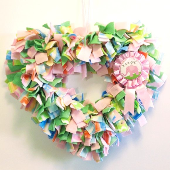 Hand Crafted Baby Girl Heart Shape Fleece Pink Green Multi Fabric Rag Wreath 16" - Picture 1 of 8